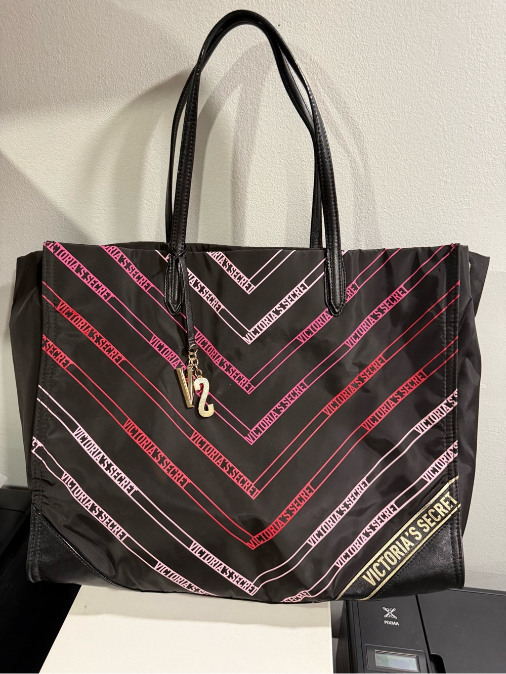 Victoria's Secret Black Tote with Pink & Red Logo Stripes